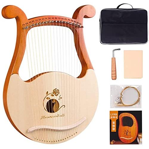 ● 製品一覧：1 *木製竪琴、1 *調整レンチ、1 *予備の弦1セット、1 *弦布、1 *英語マニュアル、1 *収納袋。持ち運びしやすく、小さなお子様やお年寄りの方、初心者の方にも扱いやすい、人間に優しいライアーです。● 上品な素材：ハープはマホガニーから彫られて、高度の硬さと密度の主流木材が音色の優れに関わっていて、奏でる甘い且つ美しい音が心を癒すことができます。● 19本の鋼弦：耐久性のある弦が部屋中を美しい音色で満たしてくれます。弦が短く、張りが強い程、高音が出ます。16弦ピアノに比べて音域が広く、演奏できる曲が豊富です、トーンリンギングは部屋全体を満たすことができます、音の安定性。● 清らかで透明感ある音：ソリッドウッドならではのクリアな透き通る音色で、手で軽く弾くと、よく響き耳に心地よい音がハープ正面に開かれる穴から出て、室内にこもっています。ハープの音が部屋全体に響き渡ります。 弦が短いほど、ピッチが高くなります。 弦の張りも同じです。● 細部まで工夫：細かいところまでこだわる繊細な設計で、ライアー本体が全部天然木材を丹念に研磨されてから薄く