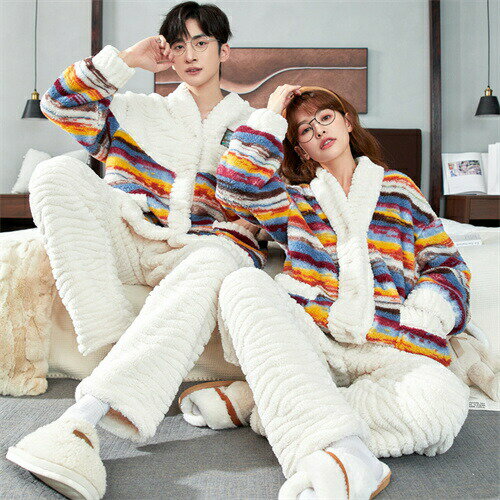 ペアパジャマ 冬 モコモコ 男女2着 セット カップル ペア ルームウェア セット 長袖 前開き ペア パジ..