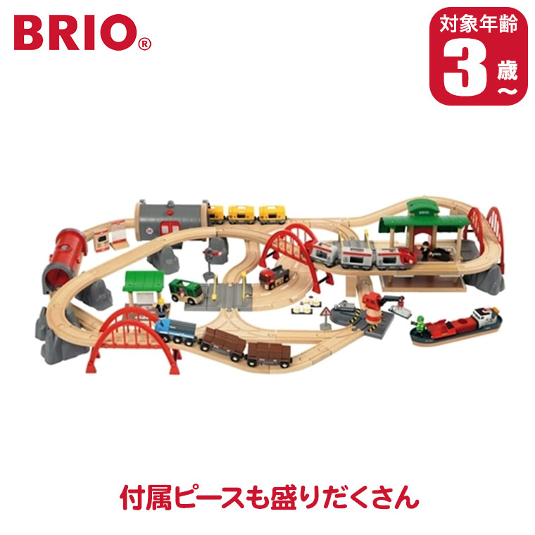対象年齢 : 3歳以上 サイズ : （商品）113.5×73.0cm、（パッケージ）38.6×23.2×32.7cm 付属品 : LR44電池2個 BRIO ブリオ レール＆ロードデラックスセット 33052 BRIO(ブリオ)は1884年創業の、スウェーデン王室御用達の木製玩具ブランド。 ブランドの顔とも言える木製レールシリーズは、世界中の子供たちに愛され続けています。 厳選されたブナ材による高い耐久性と、遊びを通じて創造力を育む知育性が魅力。 安全性にも妥協のない、世代を超えて受け継がれる名品です。 レール＆ロード、メトロトレイン、トラベルトレイン、ハーバー、貨物輸送のセット。 3種類の車両と、バス、トラック、お客さんや駅員、作業員などなど付属ピースも盛りだくさん。 お片付けに便利なファスナー付きコンテナーも付いています。 ■対象年齢：3歳以上 ■サイズ：(商品)113.5×73.0cm、(パッケージ)38.6×23.2×32.7cm ■付属品：LR44電池2個 関連ワード：おもちゃ/知育玩具/知育/0歳/1歳/2歳/3歳/4歳/5歳/男の子/女の子/誕生日プレゼント/誕生日/出産祝い/孫/クリスマスプレゼント/レール/列車/電車/車/木製/デラックスセット/車のおもちゃ