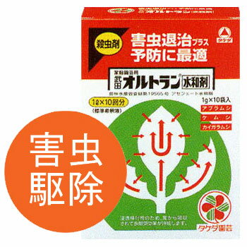 住友化学園芸 GFオルトラン水和剤5g×8 「GFオルトラン水和剤」は、芝の殺虫に最適な殺虫剤です。 浸透移行性で効果の持続性があり、散布面積が広い場合や、背の高い庭木などの害虫駆除にも適しています。 また、さまざまな種類の害虫の駆除に効果を発揮します。 計量の手間がいらない便利な分包品で、水に溶かしやすく扱いやすいです。 薄めて噴霧器やスプレーで散布してください。 ■薬剤登録：農林水産省登録第21790号 ■成分：アセフェート 50％、鉱物質微粉、界面活性剤等 50％ ■容量：5g×8袋入り ■液剤：水でうすめて散布 ■農薬の種類：アセフェート水和剤 ※この商品は海外発送できません。 特徴■葉や茎から吸収されて植物体内にゆきわたり、広範囲の害虫対して効果が持続する、すぐれた浸透移行性殺虫剤です。 ■目につく害虫はもちろんのこと、薬剤散布後に発生したり飛来した害虫にもすぐれた効果をあらわし、害虫防除薬として適しています。 ■葉を巻いている害虫や、散布液がかかりにくい場所に生息している害虫にも効果があります。 ■植物の汁を吸う害虫（アブラムシ、カイガラムシ等）はもとより、葉を食い荒らす害虫（アオムシ、ハマキムシ）にもすぐれた防除効果をあらわします。 効果のある害虫アザミウマ（アザミウマ類、カキクダアザミウマ、チャノキイロアザミウマ、ネギアザミウマ、ミカンキイロアザミウマ）ブラムシ類、エカキムシ（ネギコガ、マメハモグリバエ、ヨメナスジハモグリバエ）カイガラムシ（カイガラムシ類、ツノロウムシ、ヤノネカイガラムシ（第一世代）、ルビーロウムシ）カキノヘタムシガ、ツツジグンバイ、ケムシ・アオムシ（アオムシ、アメリカシロヒトリ、カブラハバチ、コナガ、ジャガイモガ、モンクロシャチホコ、タマナギンウワバ）、コガネムシ（ケシキスイ類、コアオハナムグリ、シバオサゾウムシ成虫、テントウムシダマシ幼虫）、コナジラミ（タバココナジラミ、ミカントゲコナジラミ）、オオタバコガ、チャドクガ、ネキリムシ（タマナヤガ）、シバツトガ、ハマキムシ（ハマキムシ類、コカクモンハマキ）アカフツヅリガ、メイガ（ハイマダラメイガ、アワノメイガ、ダイコンシンクイムシ）ヨトウムシ（スジキリヨトウ、ハスモンヨトウ、ヨトウムシ）カキノヒメヨコバイケラフタテンヒメヨコバイゴボウノミドリヒメヨコバイ 対象作物■花き・観葉：花き類・観葉植物、カーネーション、ひまわり、斑入りアマドコロ、リアトリス、オンシジウム、きく、ストック、宿根アスター、グラジオラス、芝 ■野菜：トマト、ミニトマト、なす、キャベツ、はくさい、だいこん、はつかだいこん、とうもろこし、ブロッコリー、レタス、非結球レタス、いんげんまめ、えだまめ、だいず、オクラ、たまねぎ、にんにく、ばれいしょ、しょうが ■庭木：さくら、つばき類、つつじ類、樹木類 ■果樹：かんきつ、ぶどう、かき、いちじく 水和剤 : 水でうすめて散布 少量の薬剤で大量の散布液がつくれます。分包されていて、散布液がつくりやすい商品が多いです。 ■希釈濃度を守ってご使用ください。極端に高い濃度で散布すると植物にも影響を与え、薬害を生じるおそれがあります。 ■水で希釈した散布液は保存ができません。必ず散布のつど必要量だけ水で薄めてつくってください。 ■散布は必ず専用の噴霧器などで行ってください。 ■散布液をつくる際には展着剤のご使用をおすすめします。（水和剤で散布液をつくる場合必ず展着剤をご使用ください。） ■散布時は風などによる薬剤の飛散・吸入にご注意ください。