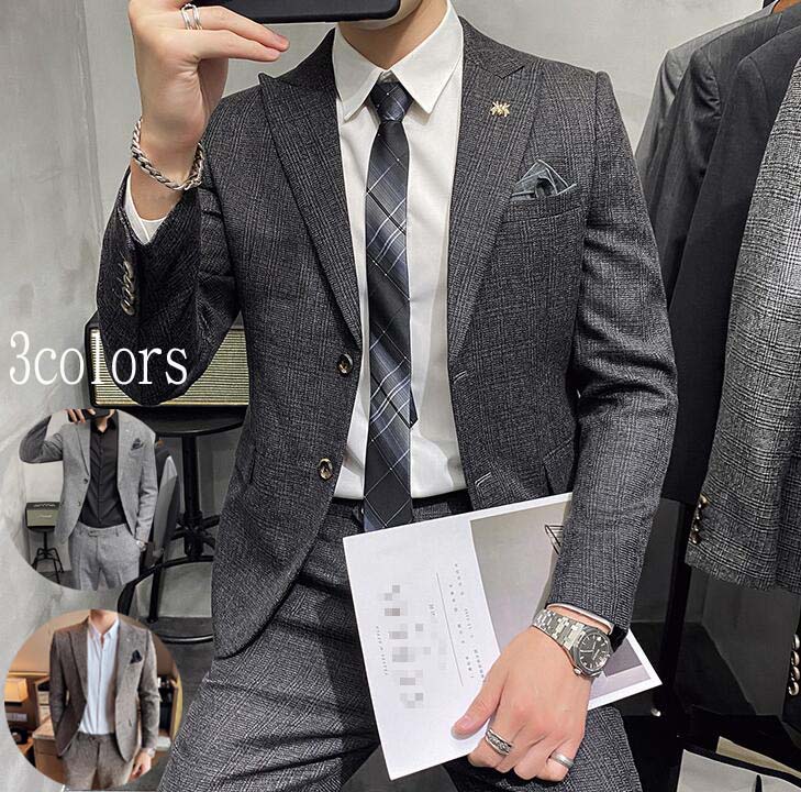スーツセット 2点セット スリムスーツ 韓国風 フォーマル シングルスーツ 通勤 メンズスーツ ジャケット+パンツ 着痩せ ビジネススーツ 二次会 カジュアル 上下セット チェック柄 出張 パーティー 忘年会 春夏秋冬 結婚式 入学式 大きいサイズ M-4XL