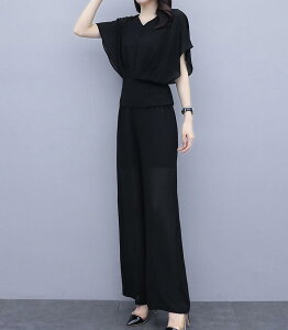 品質良い 春秋夏 レディース エレガント 結婚式 二次会 卒業式 30代 フォーマル OL 通勤 成人式 カジュアル ママ シフォン 半袖 ショート丈トップス+ガウチョパンツ お宮参りパンツセット オフィス 2点セット セットアップ 黒 ゆったり S/M/L/XL/2XL通販