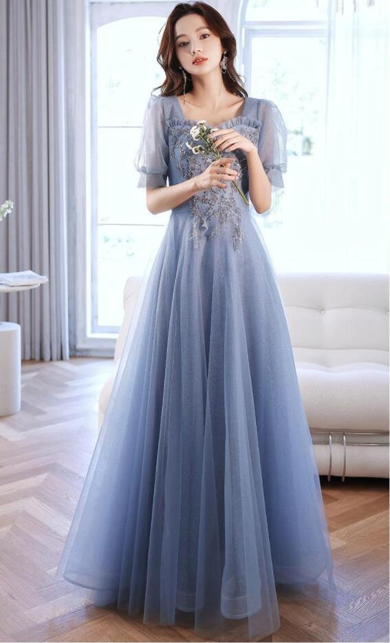 品質良い ロングドレス パーティードレス 半袖ワンピース プリンセスライン 花嫁ドレス お呼ばれドレス 宴会 フェミニン ウエディングドレス ブライズメイド 結婚式 披露宴 ピアノ 発表会 マキシ丈ワンピース 着痩せ メッシュ 大きいサイズ 演出用 女子会 ブルー XS~XXXL