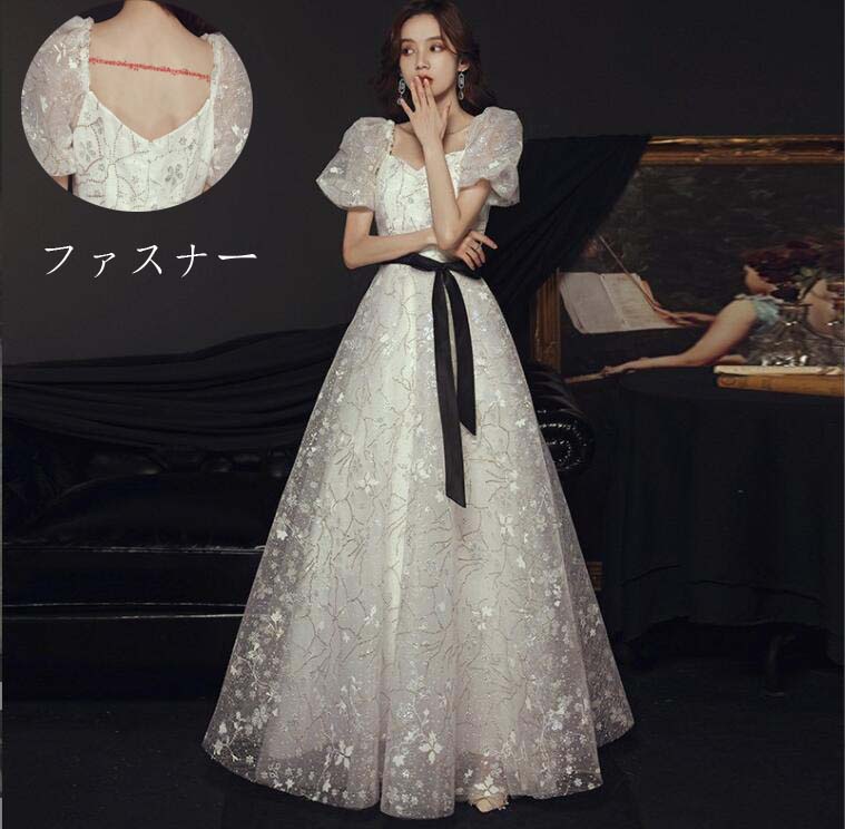 お嬢様 リボン 半袖 Aラインドレス ウエディングドレス ブライズメイド 結婚式 パーティードレス 披露宴 プリンセスライン お呼ばれド..