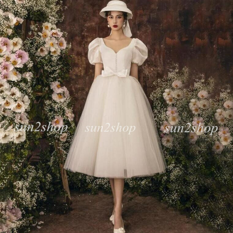 【送料無料】ウェディングドレス お花嫁ドレス 白 ミモレ丈 レトロ 高級感 リボン パーティードレス ファスナー Vネック バルーンスリーブ 袖あり 大きいサイズお姫様 前撮り フォト婚 ブライダル 結婚式 挙式 披露宴 二次会 演奏会 舞台 ピアノ コンサート ワンピース(4)