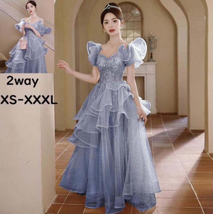 【送料無料】2way カラードレス プリンセスドレス パーティードレス オフショルダー 高級感 お花嫁ドレス フリル ブルー 編み上げ 前撮り/後撮り 結婚式 挙式 ロングドレス フォトウェディング撮影 二次会 演奏会 ピアノ ブライダル 海外旅行 披露宴 ワンピース お洒落