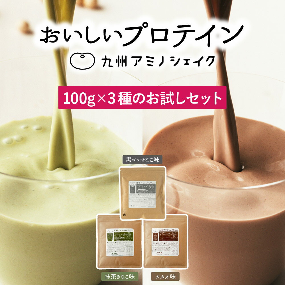 九州アミノシェイク 100g×3種 プロテイン おためし【 抹茶 カカオ 黒ゴマ セット 】おためし ソイプロテイン 美容 ダイエット モリンガ タンパク質 無添加 置き換え サプリ お試し メール便 送料無料【出荷目安：ご注文後5日～7日】