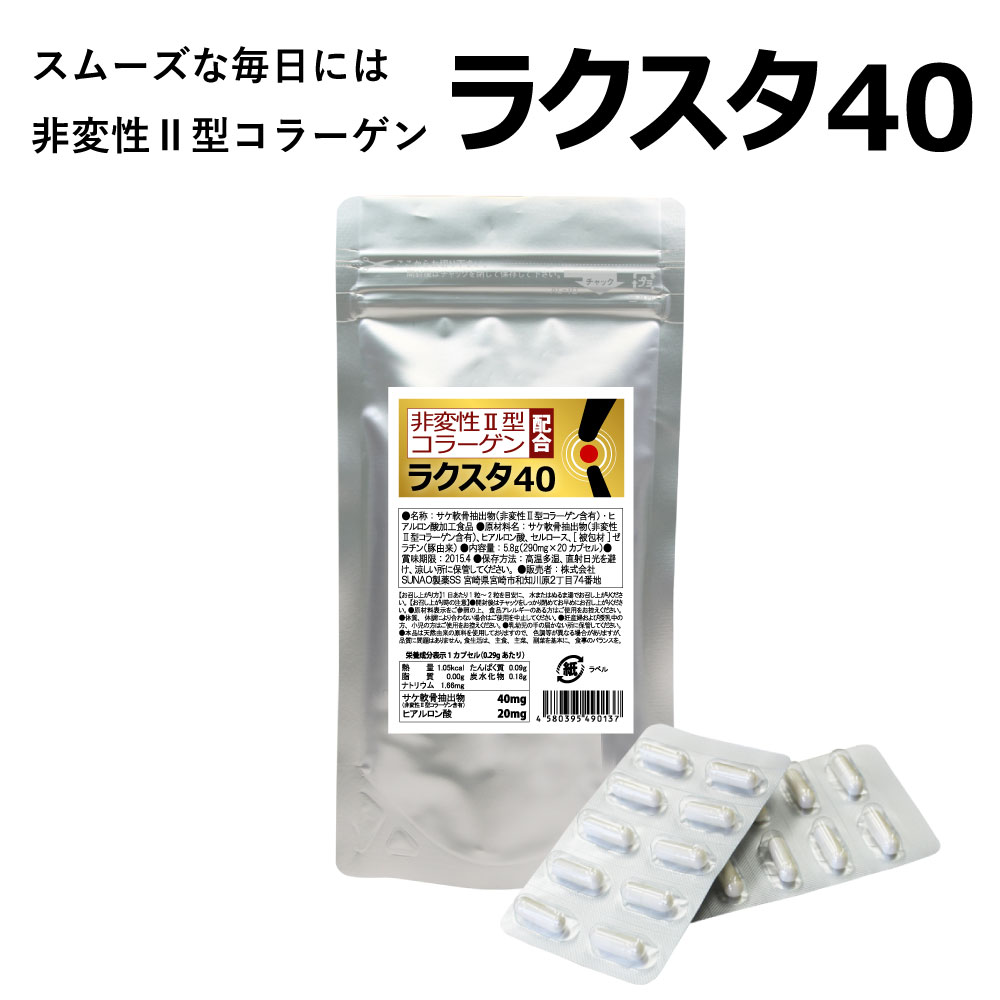 送料無料 非変性2型コラーゲン『ラクスタ40』（約20日分） 【北海道産鮭の鼻軟骨・氷頭を使用】 スムーズな毎日に 【メール便送料無料..