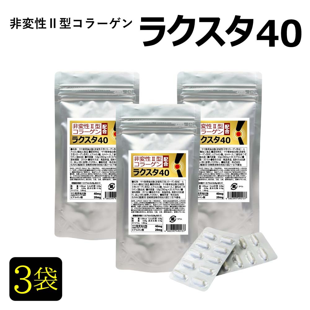 非変性2型コラーゲン『ラクスタ40』（20カプセル）×3袋セット 【北海道産鮭の鼻軟骨・氷頭を使用】 スムーズな毎日に 【メール便送料無料・代引不可】【出荷目安：ご注文後5日～7日】