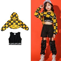 キッズダンスダンス衣装へそ出しTシャツ&タンクトップ2点セットヒップホップレッスン着練習着ダンストパーカーダンスプルオーバー英文字プリントショート丈フード付パーカーカジュアルダンス服個性派舞台演出服コスチューム文化祭送料無料●4805●