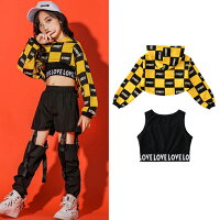 キッズダンスダンス衣装へそ出しTシャツ&タンクトップ2点セットヒップホップレッスン着練習着ダンストパーカーダンスプルオーバー英文字プリントショート丈フード付パーカーカジュアルダンス服個性派舞台演出服コスチューム文化祭送料無料●4805●
