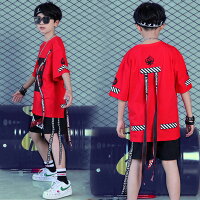 英文字プリントコットンテープ付キッズダンス衣装男の子女の子半袖TシャツHIPHOPダンス原宿ファッション薄手ステージ衣装可愛いダンスウェアロック風プリントアウターカジュアルストリートヒップホップスポーツヒップホップ/衣装プリント