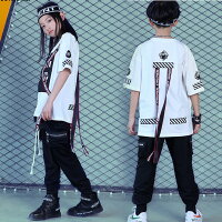 英文字プリントコットンテープ付キッズダンス衣装男の子女の子半袖TシャツHIPHOPダンス原宿ファッション薄手ステージ衣装可愛いダンスウェアロック風プリントアウターカジュアルストリートヒップホップスポーツヒップホップ/衣装プリント