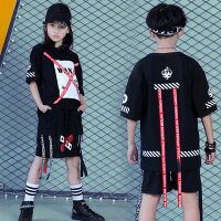 英文字プリントコットンテープ付キッズダンス衣装男の子女の子半袖TシャツHIPHOPダンス原宿ファッション薄手ステージ衣装可愛いダンスウェアロック風プリントアウターカジュアルストリートヒップホップスポーツヒップホップ/衣装プリント
