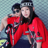 英文字プリントコットンテープ付キッズダンス衣装男の子女の子半袖TシャツHIPHOPダンス原宿ファッション薄手ステージ衣装可愛いダンスウェアロック風プリントアウターカジュアルストリートヒップホップスポーツヒップホップ/衣装プリント