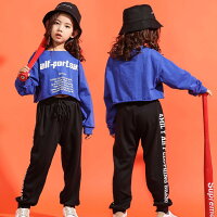 ●4085●キッズダンス衣装ダンストレーナーダンスプルオーバーショット丈Tシャツ英文字プリント長袖カジュアルダンス服個性派トップス秋冬ストリートファッションロック風ヒップホップ舞台演出服ダンスコスチューム文化祭U.S.A.USA忘年会出し物余興
