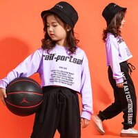 ●4085●キッズダンス衣装ダンストレーナーダンスプルオーバーショット丈Tシャツ英文字プリント長袖カジュアルダンス服個性派トップス秋冬ストリートファッションロック風ヒップホップ舞台演出服ダンスコスチューム文化祭U.S.A.USA忘年会出し物余興