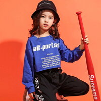 ●4085●キッズダンス衣装ダンストレーナーダンスプルオーバーショット丈Tシャツ英文字プリント長袖カジュアルダンス服個性派トップス秋冬ストリートファッションロック風ヒップホップ舞台演出服ダンスコスチューム文化祭U.S.A.USA忘年会出し物余興