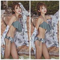 水着レディース体型カバー3点セットビキニフリルカーディガン付きホルターネックボタニカル柄オトナ女子上下大きいサイズかわいい小胸ビーチモテカワ水着ワイヤー入りセクシー女性ママ水着10代20代30代40代韓国送料無料