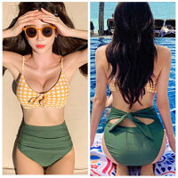 水着レディースビキニバンドゥハイウエストチェック柄2点セット体型カバーオトナ女子ノンワイヤー編み上げリボンリゾート上下大きいサイズかわいいモテカワ水着セクシー女性ママ水着10代20代30代40代韓国チェック柄送料無料