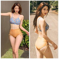 水着レディースビキニバンドゥハイウエスト花柄2点セット体型カバーオトナ女子ノンワイヤー編み上げリボンリゾート上下大きいサイズかわいいモテカワ水着セクシー女性ママ水着10代20代30代40代韓国花柄送料無料