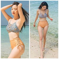 水着レディースビキニバンドゥハイウエスト花柄2点セット体型カバーオトナ女子ノンワイヤー編み上げリボンリゾート上下大きいサイズかわいいモテカワ水着セクシー女性ママ水着10代20代30代40代韓国花柄送料無料