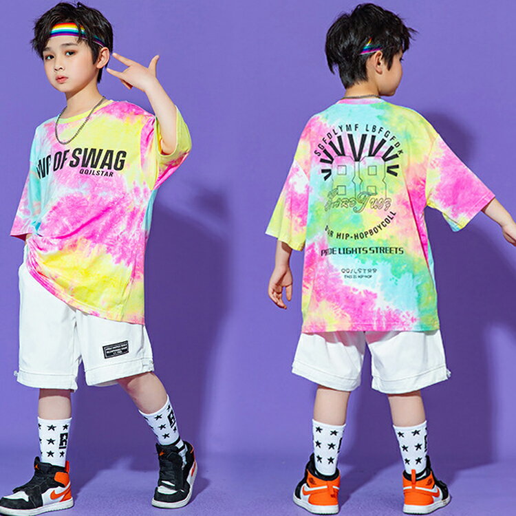 キッズダンスキッズ衣装ヒップヒップタイダイ柄Tシャツ半袖キッズダンス衣装ヒップホップレッスン着練習着カジュアルストリートジュニア個性派派手舞台映える発表会コスチューム文化祭送料無料●6076●