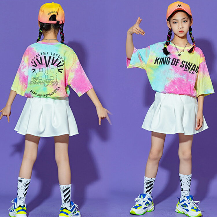 キッズダンスキッズ衣装ヒップヒップタイダイ柄Tシャツ半袖キッズダンス衣装ヒップホップレッスン着練習着カジュアルストリートジュニア個性派派手舞台映える発表会コスチューム文化祭送料無料●6076●