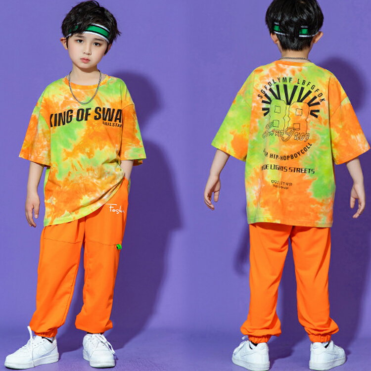 キッズダンスキッズ衣装ヒップヒップタイダイ柄Tシャツ半袖キッズダンス衣装ヒップホップレッスン着練習着カジュアルストリートジュニア個性派派手舞台映える発表会コスチューム文化祭送料無料●6076●