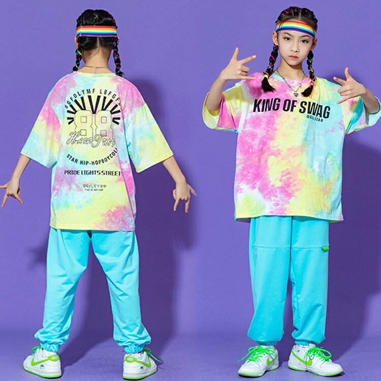 キッズダンスキッズ衣装ヒップヒップタイダイ柄Tシャツ半袖キッズダンス衣装ヒップホップレッスン着練習着カジュアルストリートジュニア個性派派手舞台映える発表会コスチューム文化祭送料無料●6076●