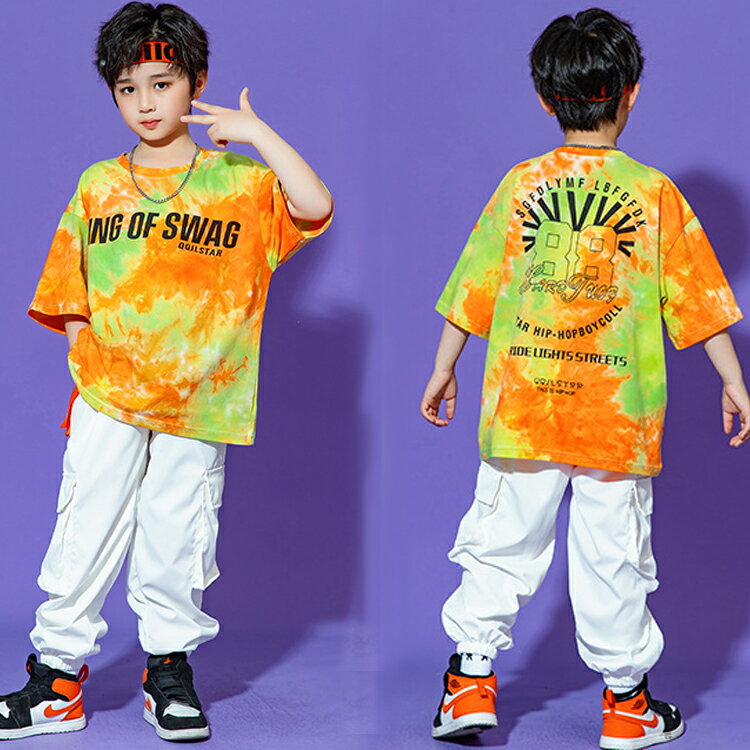 キッズダンスキッズ衣装ヒップヒップタイダイ柄Tシャツ半袖キッズダンス衣装ヒップホップレッスン着練習着カジュアルストリートジュニア個性派派手舞台映える発表会コスチューム文化祭送料無料●6076●