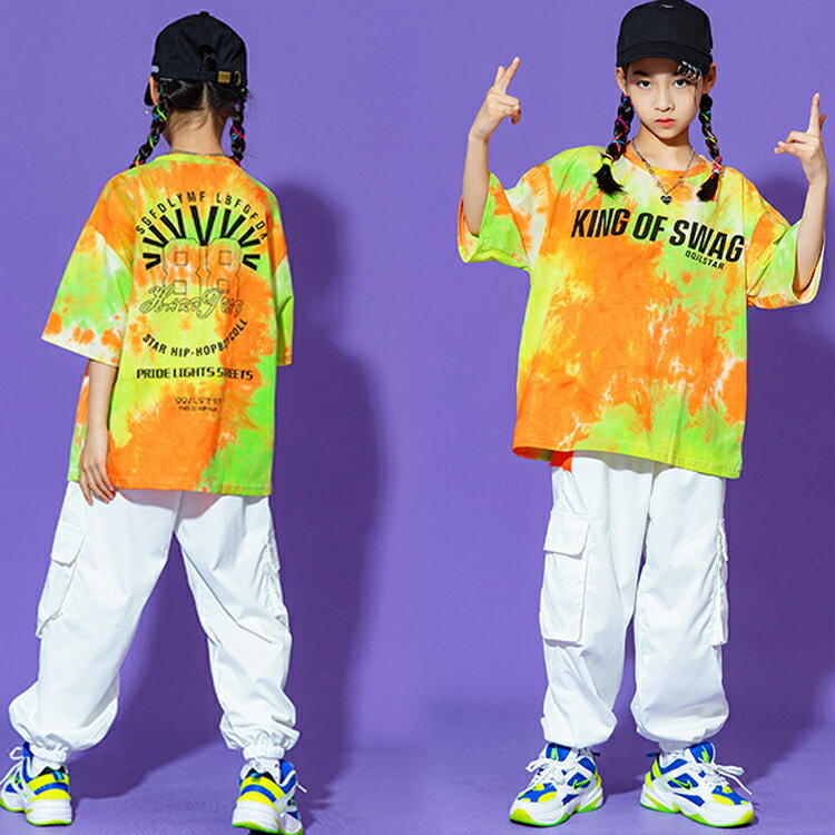 キッズダンスキッズ衣装ヒップヒップタイダイ柄Tシャツ半袖キッズダンス衣装ヒップホップレッスン着練習着カジュアルストリートジュニア個性派派手舞台映える発表会コスチューム文化祭送料無料●6076●
