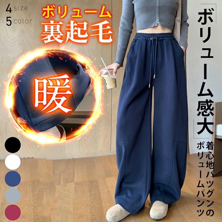 【期間限定：2,788円!よりどり2点購入で】裏起毛ボリュームワイドパンツ 秋冬 裏起毛 暖か 切替 リブ カジュアル ボトムス レディース おしゃれ 流行 シンプル 着回し 大人可愛い 楽ちん ウエストゴム ロング 10分丈