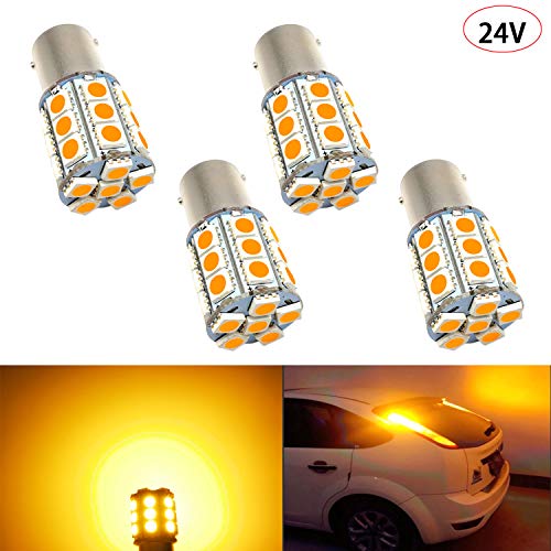 色：イエロー 4PCS HooMoo 24V車用 S25シングル/G18 （1156 BA15s）27連 LED 電球 アンバー オレンジ トラック デコトラ ダンプ バス 大型車用 バルブ ウインカー マーカー球 ターンライト ブレーキラン