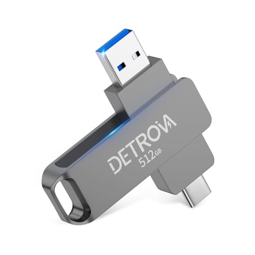 色：グレー 2023年新式・512GB DETROVA USBメモリ 外付け 2IN1 USB3.2Gen1＆Type-C 550MB/s高速 大容量 フラッシュメモリ 容量不足解消 小型 メモリー 360度回転式 Mac Windows PC Pad 対応 アルミ合金筐体 防水