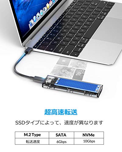 色：ブルー TCM2M 【NVMe&SATA両対応】ORICO USB3.1 M.2 SSDケース (B Key/M Key/B&M Key)SSD対応 USB3.1 Gen2 10Gbps 外付けケース UASP Trim 対応 2230/2242/2260/2280 SSD対応 ダブルケーブル付属 M.2 SSD 変換アダプタ 透明 T