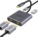 色：グレー USB C to 2 HDMI アダプタ 2つのHDMIポート*USB 2.0ポート*PD高速充電ポートをサポートする。ソフトウェア、ドライバ、または複雑なインストールを必要とせず、接続するだけで手軽に利用できます。この四つポートを一つのアダプタで可能になり、同時に高品質の画面を楽しめるし、急速充電ができるし、スマホ、USBメモリからのデータ 写真、ビデオなど は早めにPCに伝送できます。 一部のAmazon/他のアプリの動画は非公開契約、著作権保護ため、映像出力しかます。テレビにストリーミングできません。ご了承くださいませ。 デュアル 4K HDMIポート USB C デュアル HDMIアダプタはUSB Cデバイスの画面を2つのディスプレイに表示させます。最大4K@30Hz (3840x2160@30Hz) の解像度、 ミラーモードと拡張モードをサポートする。小さいスクリーンの目に対する圧力を解放する。 ご注意：Apple自身が制限しているので、Mac OSデバイスの場合、拡張モードでは、2つの外部モニタの画像は同じになります。) 高速充電 色々なUSBメモリー、マウス、キーボード、SDカードリーダー、外付けHDD、ゲームコントロールなどデバイスに対応します。USB-C PDポートは、専用のTypeC急速充電PDに対応、最大60W 5Aの大電流でUSB Type Cデバイスに電力供給します。ご注意：電源出力は非対応、電源入力に対応のみです。 幅広い互換性 MacBook/ MacBook Pro 2016-2023 Apple iMac/ iMac Pro, Google Chromebook Pixel, Samsung, Dell, Asus, HP, Lenovo, XPS Samsung S9, S9 Plus, S8, S8 Plus, Note 9, Note 8などのUSB-Cポート搭載のデバイスに最適です。自宅、教室、会議室、オフィス、ホームエンターテイメント、展示会等場合に最適です。 1.Sony XperiaとSharp AQUOSについて、ほとんど非対応ため、ご注文前にぜひお問い合わせください2.iPhone (Lightning)に対応しません。3.不完全リストなので、購入前に商品紹介コンテンツの対応機種と不対応機種リストをご確認くださいませ。