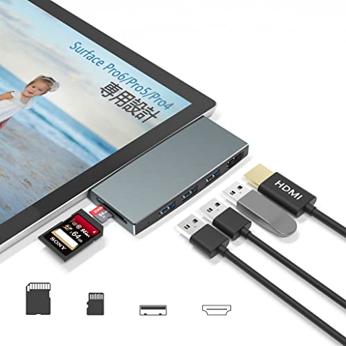 Surface Pro 6/Pro 5/Pro 4 専用 USB 3.0 ハブ 4K@30Hz HDMIポート SD/TF Micro SD カードリーダー* USB 3.0ポート*3 高速データ転送 マルチ 6 in 1アルミニウムUSB 3.0変換アダプタードッキングステーション