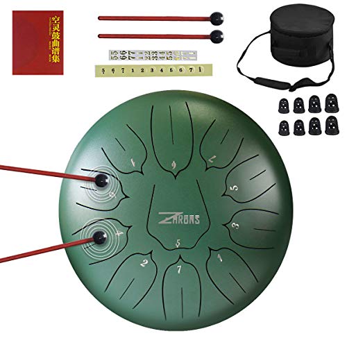 色：緑色 ZHRUNS 金属ドラム スティール タング ドラム 10インチ 11スケール音楽啓発楽器 ヨガの瞑想(緑色)のサムネイル