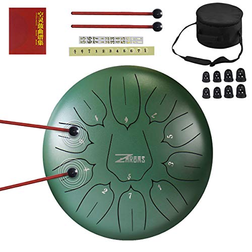色：緑色 ZHRUNS 金属ドラム スティール タング ドラム 10インチ 11スケール音楽啓発楽器 ヨガの瞑想(緑色)