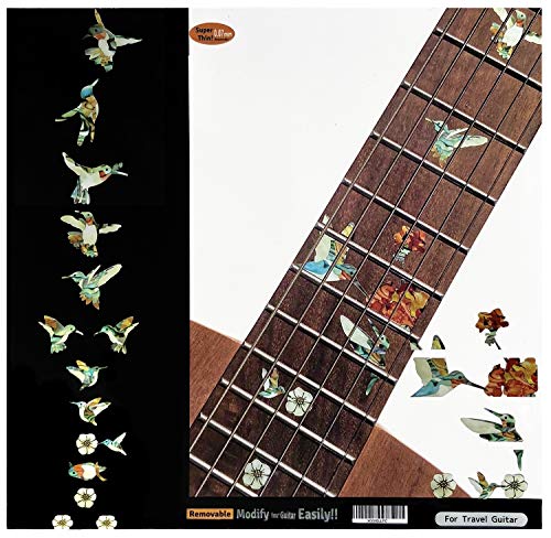 サイズ：ミニギター(Travel Guitar)用 シンプルパターンと、付属の12フレット近辺オプションとで両方お楽しみいただけます。貼るだけ簡単。ミニギター(Travel Guitar)用のスケールになっています。本物のアバロン・インレイのようなステッカー。貼った後はフィンガーイースやレモンオイルも使えます。既存のドットマークも綺麗に隠れるデザインになっています。