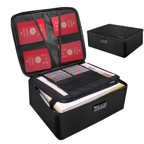 Caphill 耐火収納ケース 外側が硬い 収納バッグ 防水 防火 防災 施錠できる鍵付き ふた付き 折り畳み 燃えない 貴重品 書類 ファイル 非常用持ち出し 頑丈 大容量 整理 ブラックのサムネイル