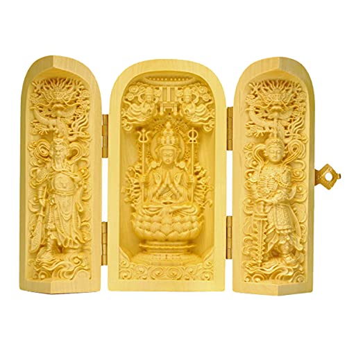 色：千手観音菩薩 武財神 韋駄天 千手観音菩薩 天然木製(柘植ツゲ) 約10cm 武財神 韋駄天 木彫仏像 彫刻 三開仏