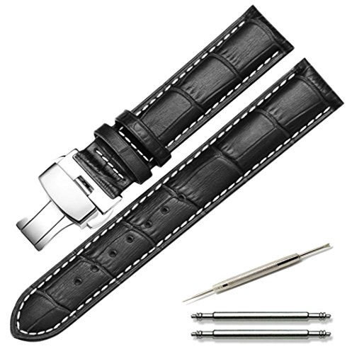 色：ブラック - 白ステッチ サイズ：12mm Calme カルム 腕時計 ベルト 時計 バンド 本革 ワンプッシュ Dバックル レザー クロコ型押し 交換説明書付き (12*, ブラック - 白ステッチ)