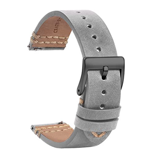 色：グレー/黒尾錠 サイズ：18mm 高級な素材 表地は高品質なクレージーホースレザー crazy horse leather を採用し、裏地は手触りの良い合皮となっております。エンドピース側と剣先側は、シンプルでおしゃれなステッチがあります。このストラップを曲げれば、表面は小さなうひび割れが浮かべっているので 黒と灰色はなし 、プレミアムな感じを与えてくれます。非常に品質感のあるクラシックなストラップです。 純粋の手作り 熟練された革職人の手作りましたのベルトは柔軟性と耐久性を兼ね備えて、使い込むほど腕に馴染みになります。優秀な通気性ので敏感肌の人でも気持ち良く着用できます。 サイズ この腕時計バンドは伝統的な腕時計やスマートウォッチに適用します。剣先側75mm /尾錠側125mm (バックルを除く)、厚み：約3mm。九つ穴があり、適合手首の長さは150-200mmです。詳細寸法について、5番目の画像を参照ください。 簡単な時計ベルト交換 EASY CLICK イージークリック 装置されたので、工具不要で簡単手軽に腕時計ベルト交換が可能です。バネ棒外しも付属された。