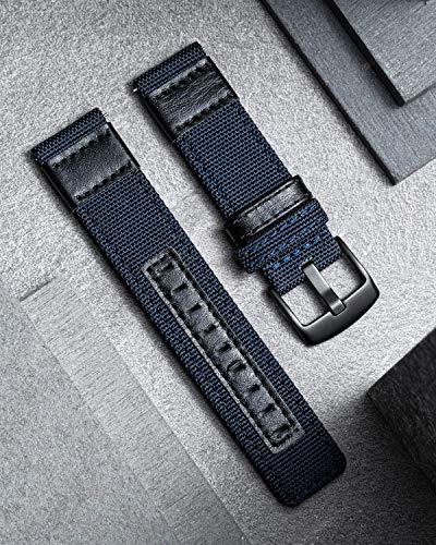 色：ブルー サイズ：22mm 時計バンド 交換バンド 交換用 ハイブリッド キャンバス＆カーフレザー 真中の部分は本革 通気性 洗濯便利 男女通用