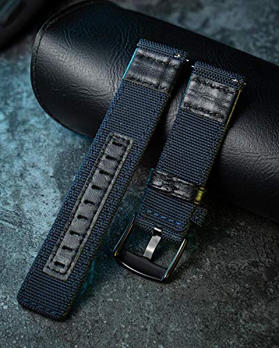 色：ブルー サイズ：22mm 時計バンド 交換バンド 交換用 ハイブリッド キャンバス＆カーフレザー 真中の部分は本革 通気性 洗濯便利 男女通用