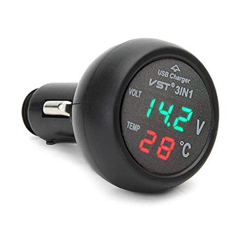 UEB　3in1デジタル電圧計温度計USBカーチャージャー　プラグアンドプレイ　カー SUVS トラック バスなど12V/24Vバッテリー対応　全3色ディスプレー (グリーン*レッド)