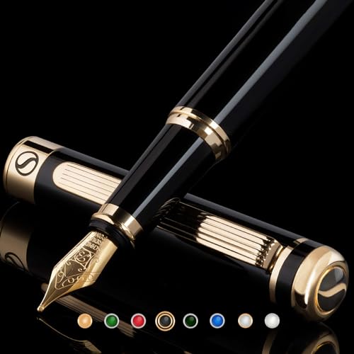 色:黒と金 サイズ:太字 Scriveiner 製 黒漆万年筆. - 魅力的な美しさの24K金仕上げ高級万年筆、Schmidt 18K金メッキペン先 幅広 、男...