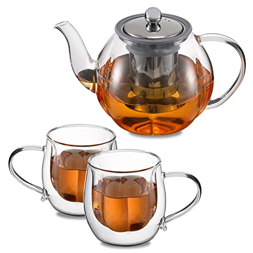 色：Clear VKCHEF ティーポットセット 1000ml大容量 グラスカップ2個 270ml＊2 耐熱ガラス 急須 紅茶 ポット おしゃれ 透明 茶こし付き 直火可 食洗機対応 電子レンジ対応 お茶ポット クリア